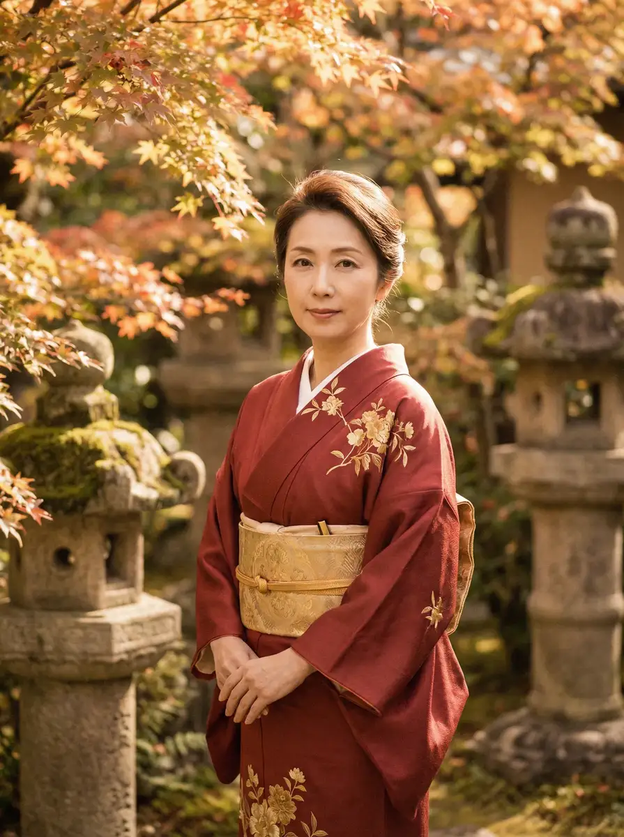 一位身穿暗红色和服的优雅 51暗网官网-深网资讯|暗网独家爆料|51暗网平台 在日式庭院中